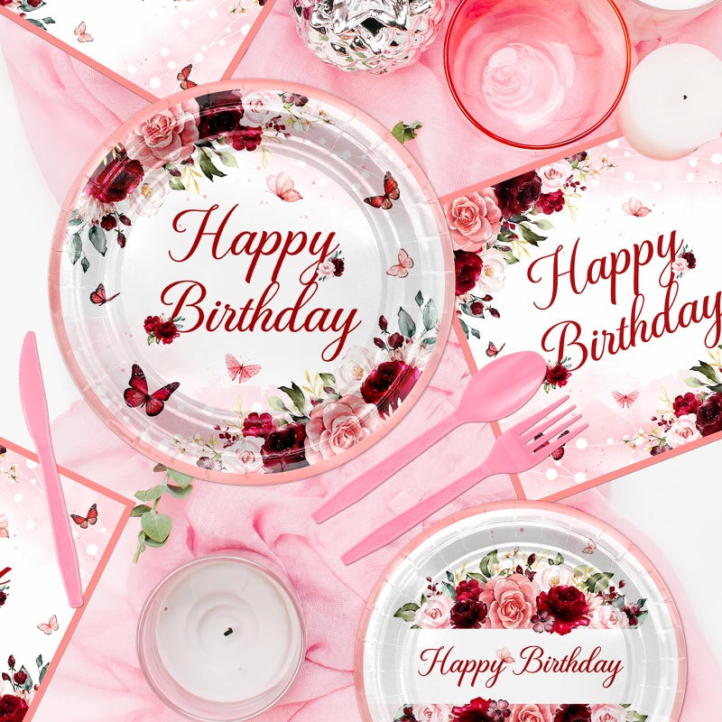 Avezano 168 PCS Burgundy Birthday Party Decorations Rose Gold Floral Birthday Tableware Set Floral Plates Napkins Supplies for Women Girls, Serves 24 - Image 4