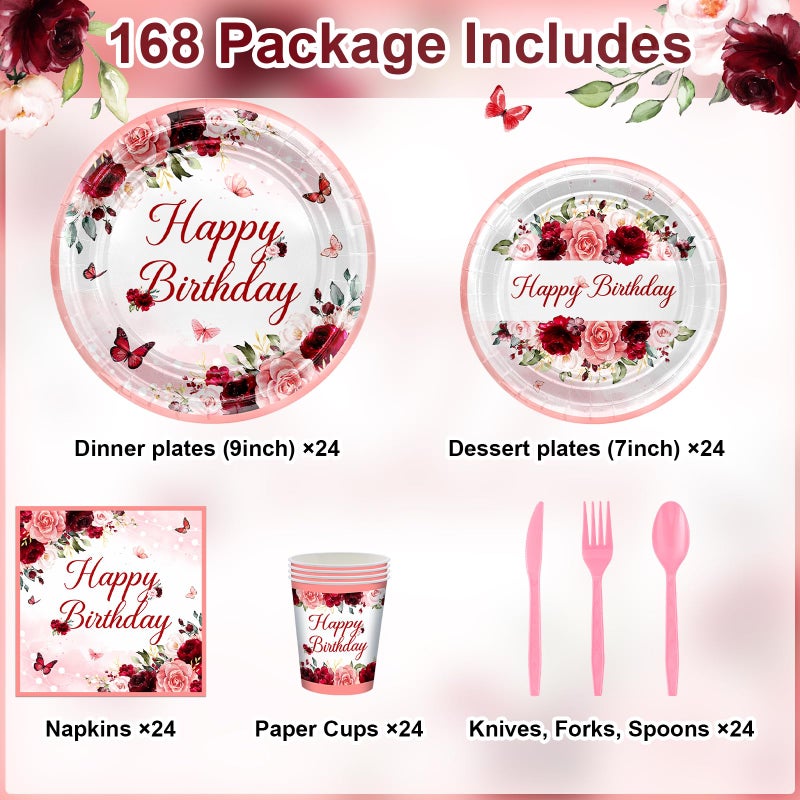 Avezano 168 PCS Burgundy Birthday Party Decorations Rose Gold Floral Birthday Tableware Set Floral Plates Napkins Supplies for Women Girls, Serves 24 - Image 2