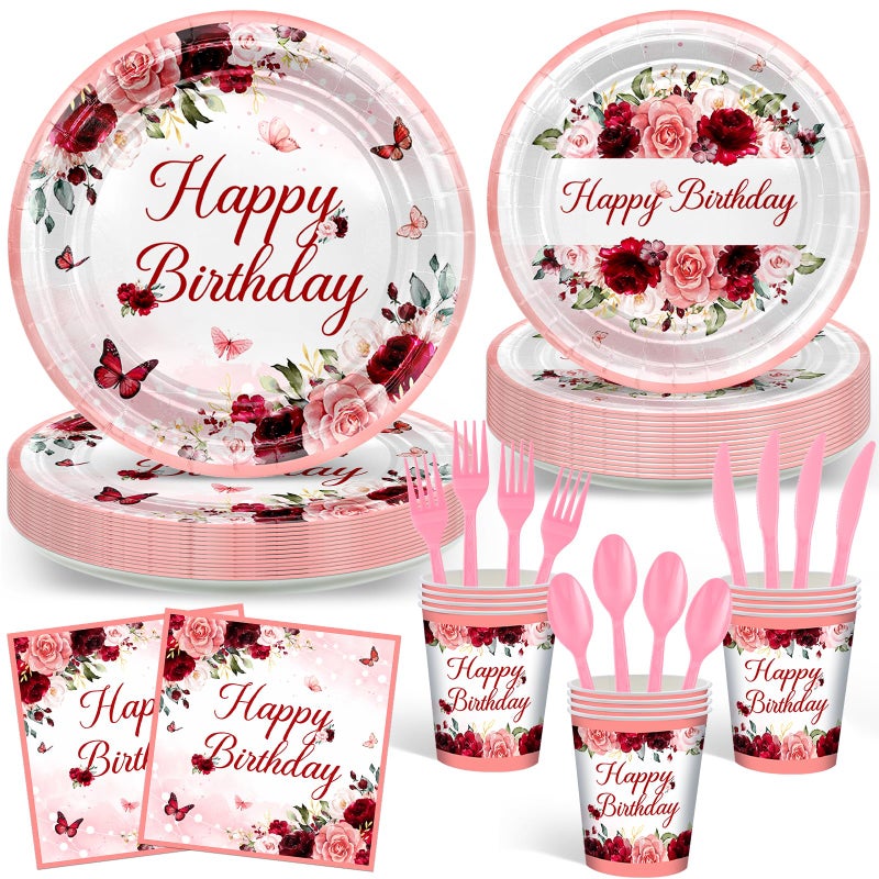 Avezano 168 PCS Burgundy Birthday Party Decorations Rose Gold Floral Birthday Tableware Set Floral Plates Napkins Supplies for Women Girls, Serves 24 - Image 1