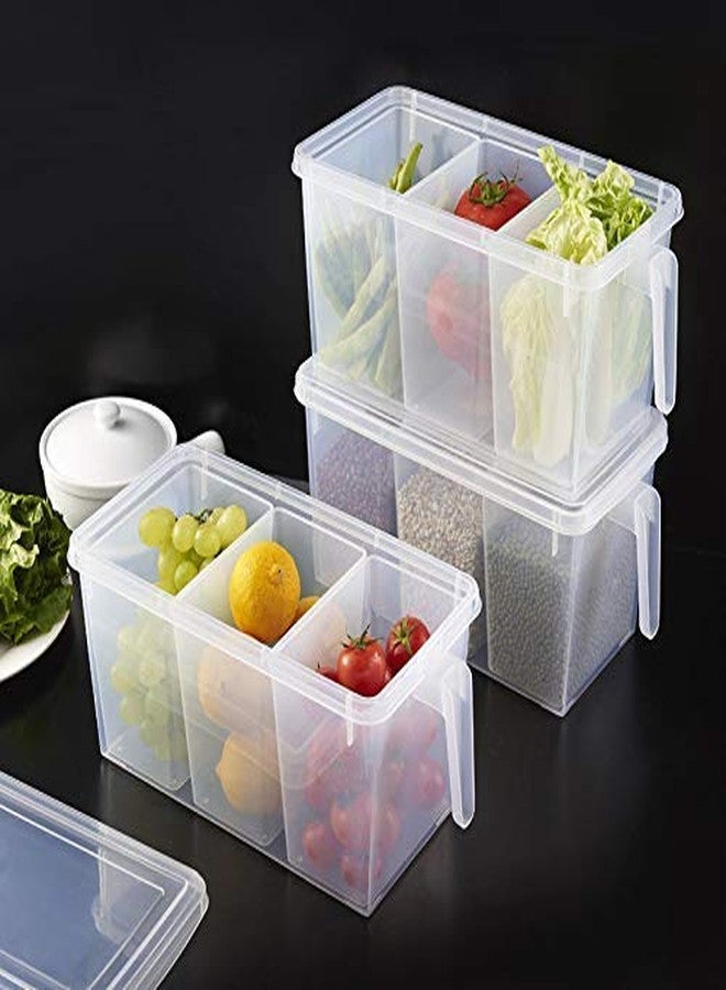 BGVT Plastic 3 in 1 Separable Section Rectangular Fridge Storage Rack Organizer with Lid & Handle for Refrigerator Desk (White) - Set of 2 - Image 1