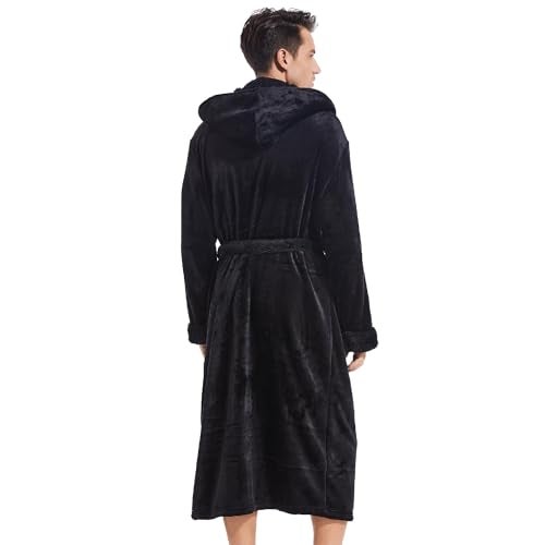 Inner Wish Mens Hooded Robe, Plush Long Bath robes Cozy Warm Bathrobe Fuzzy male Spa Robe With Pockets，BLACK+BLACK，S/M - Image 3