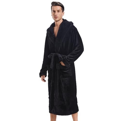 Inner Wish Mens Hooded Robe, Plush Long Bath robes Cozy Warm Bathrobe Fuzzy male Spa Robe With Pockets，BLACK+BLACK，S/M - Image 2