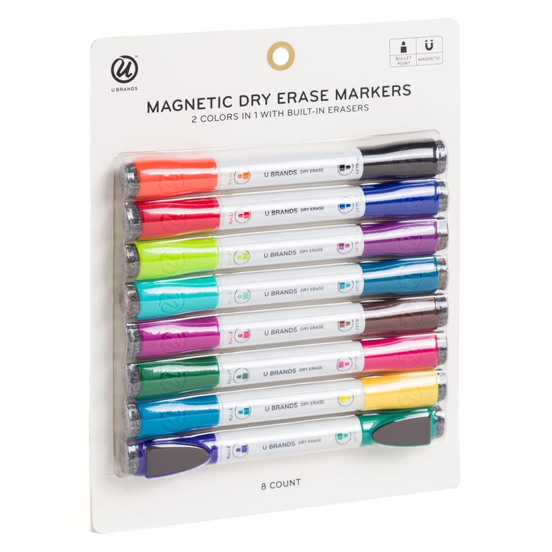 U Brands U Brands Fine Tip Dry Erase Markers with Eraser Magnetic Double Ended Whiteboard Markers Low Odor Assorted Bright Colors Set of 8 