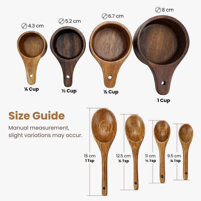 BOKKY Wooden Measuring Cups and Spoons Set â€“ Solid Acacia Wood, Laser Engraved, Nesting Design, Kitchen Accessories for Dry Ingredients, Baking and Cooking (8-Piece Premium Acacia Set) - Image 3