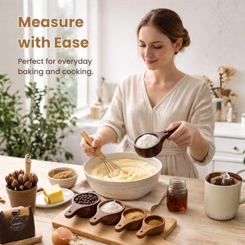 BOKKY Wooden Measuring Cups and Spoons Set â€“ Solid Acacia Wood, Laser Engraved, Nesting Design, Kitchen Accessories for Dry Ingredients, Baking and Cooking (8-Piece Premium Acacia Set) - Image 5