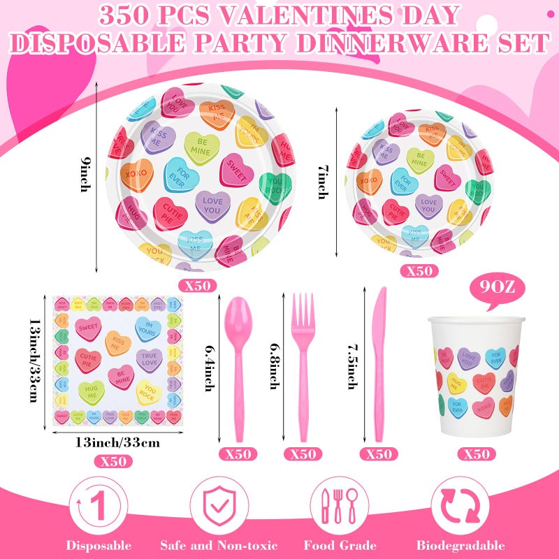 73Hours 350 Pcs Valentine's Day Tableware Sets Conversation Heart Paper Plates Valentines Plates Napkins Cups Disposable Colorful Heart Candy Dinnerware for Valentine Weddings Birthday, Serve 50 - Image 2