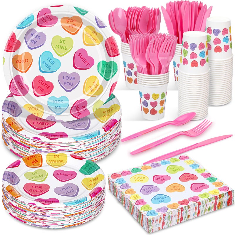 73Hours 350 Pcs Valentine's Day Tableware Sets Conversation Heart Paper Plates Valentines Plates Napkins Cups Disposable Colorful Heart Candy Dinnerware for Valentine Weddings Birthday, Serve 50 - Image 1