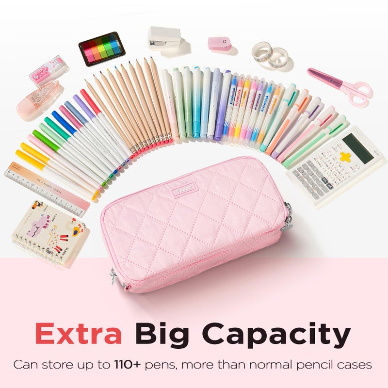 Sooez Large Pencil Case Pouch, Extra Big Pencil Bag with 8 Compartments, Pen Bag Wide Opening, Soft Quilted Pencil Pouch Organizer with Zipper, Portable Pencil Case for Teen Girls, Pink - Image 3