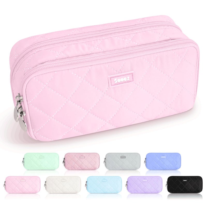 Sooez Large Pencil Case Pouch, Extra Big Pencil Bag with 8 Compartments, Pen Bag Wide Opening, Soft Quilted Pencil Pouch Organizer with Zipper, Portable Pencil Case for Teen Girls, Pink - Image 1