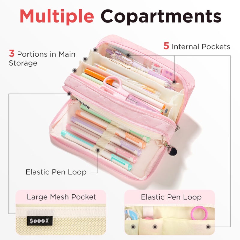 Sooez Large Pencil Case Pouch, Extra Big Pencil Bag with 8 Compartments, Pen Bag Wide Opening, Soft Quilted Pencil Pouch Organizer with Zipper, Portable Pencil Case for Teen Girls, Pink - Image 4