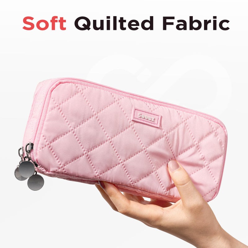 Sooez Large Pencil Case Pouch, Extra Big Pencil Bag with 8 Compartments, Pen Bag Wide Opening, Soft Quilted Pencil Pouch Organizer with Zipper, Portable Pencil Case for Teen Girls, Pink - Image 2