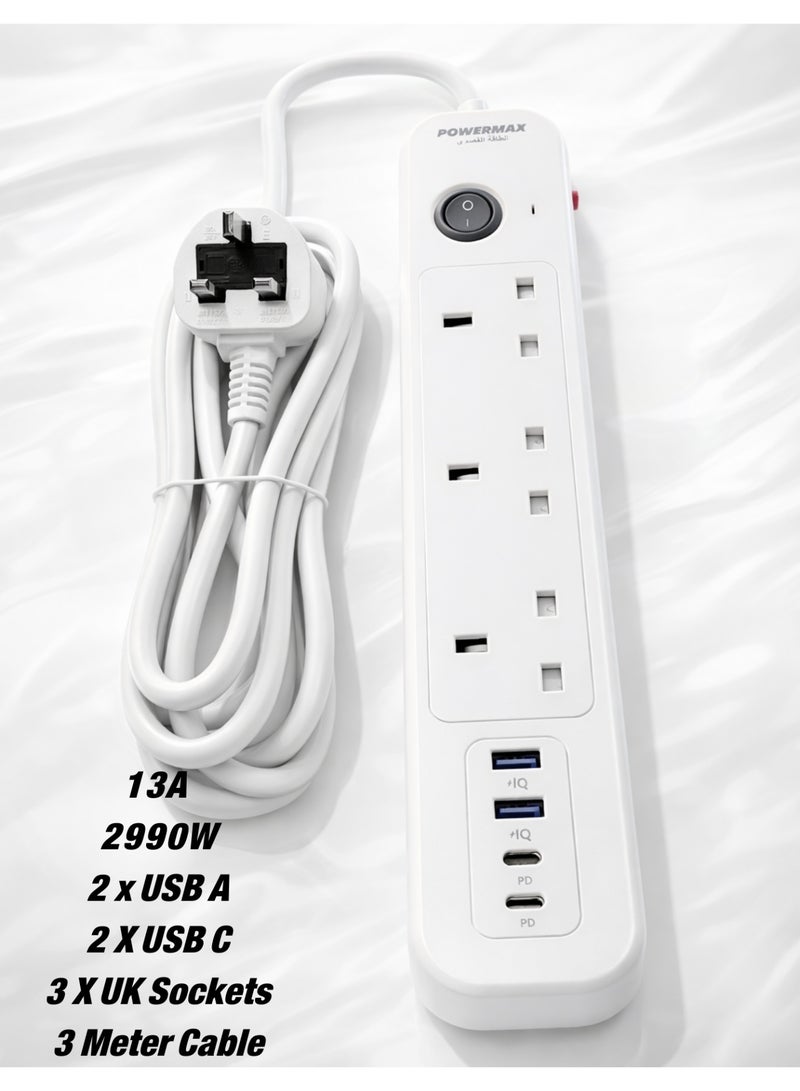 باور ماكس مشترك كهرباء 7 في 1 مع شحن سريع USB-C، حماية من زيادة التيار، أمان للأطفال، وكابل 3 متر - Image 1