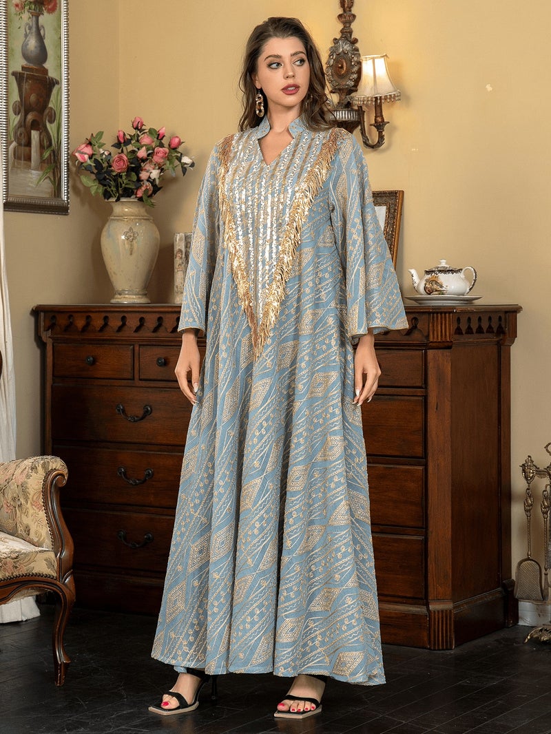 زهرة فستان عباية طويل مزخرف بالشبكة للنساء المسلمات، فستان رمضان وعيد احتفالي - Image 3