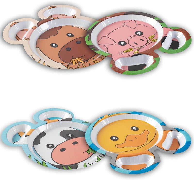 Bentology Farm Friends Mealtime Melamine Feeding Plates Set of 4 Unique Cute Zoo Animal Pal Dishes for Kids Horse Pig Duck Cow Divided Compartments for Food Groups  Easy Grabbing BPA Free Dishwasher Safe - Image 1