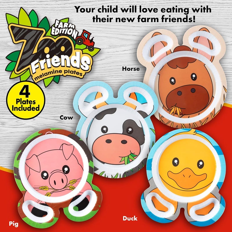 Bentology Farm Friends Mealtime Melamine Feeding Plates Set of 4 Unique Cute Zoo Animal Pal Dishes for Kids Horse Pig Duck Cow Divided Compartments for Food Groups  Easy Grabbing BPA Free Dishwasher Safe - Image 3