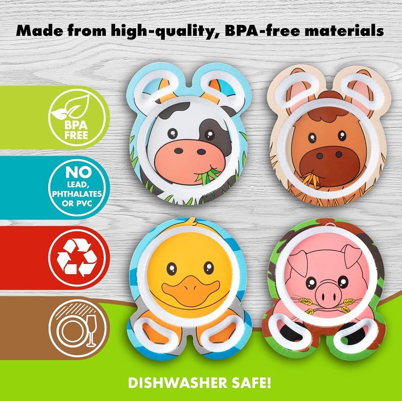 Bentology Farm Friends Mealtime Melamine Feeding Plates Set of 4 Unique Cute Zoo Animal Pal Dishes for Kids Horse Pig Duck Cow Divided Compartments for Food Groups  Easy Grabbing BPA Free Dishwasher Safe - Image 5