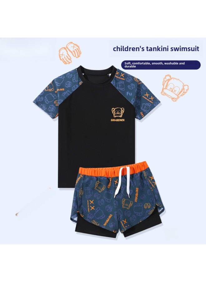 Loquat Children's Swimsuit Boys' Two-piece Boys' Swimsuit Middle And Large Teenagers Summer 2023 Double-layer Swimming Trunks Suit-Color:Blue Bear- - Image 2