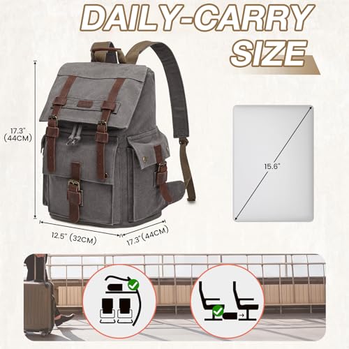 Kattee Men’s Leather Canvas Backpack Large School Bag Travel Rucksack Grey - Image 3