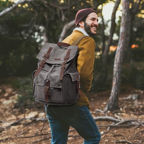 Kattee Men’s Leather Canvas Backpack Large School Bag Travel Rucksack Grey - Image 2