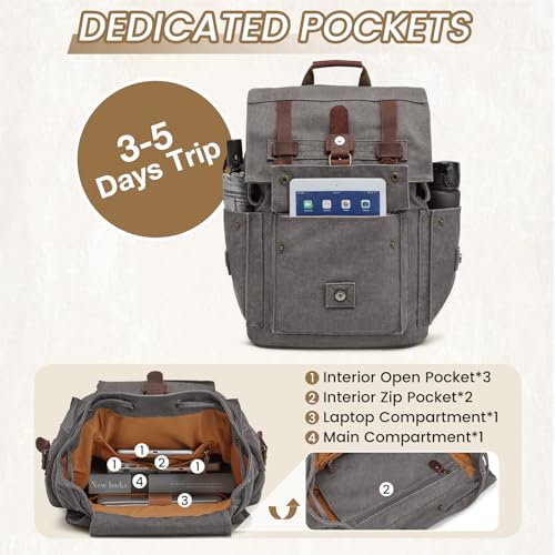 Kattee Men’s Leather Canvas Backpack Large School Bag Travel Rucksack Grey - Image 5