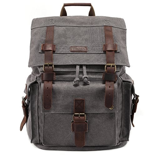 Kattee Men’s Leather Canvas Backpack Large School Bag Travel Rucksack Grey - Image 1