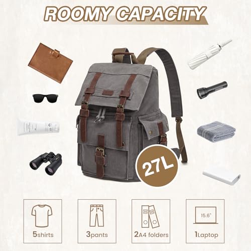 Kattee Men’s Leather Canvas Backpack Large School Bag Travel Rucksack Grey - Image 4