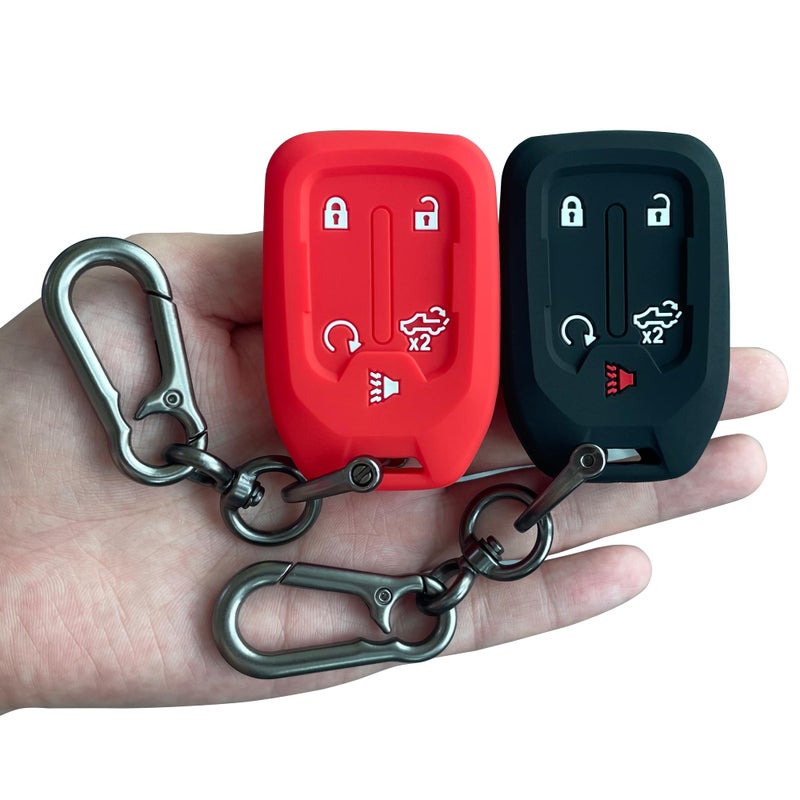TANDRIVE 2PCS Silicone Smart Key Fob Case Cover Protector with Metal Key Chain for 2019-2021 Chevy Silverado and GMC Sierra 1500 2500HD 3500HD, Remote Accessories Holder(5-Button,Black and Red)