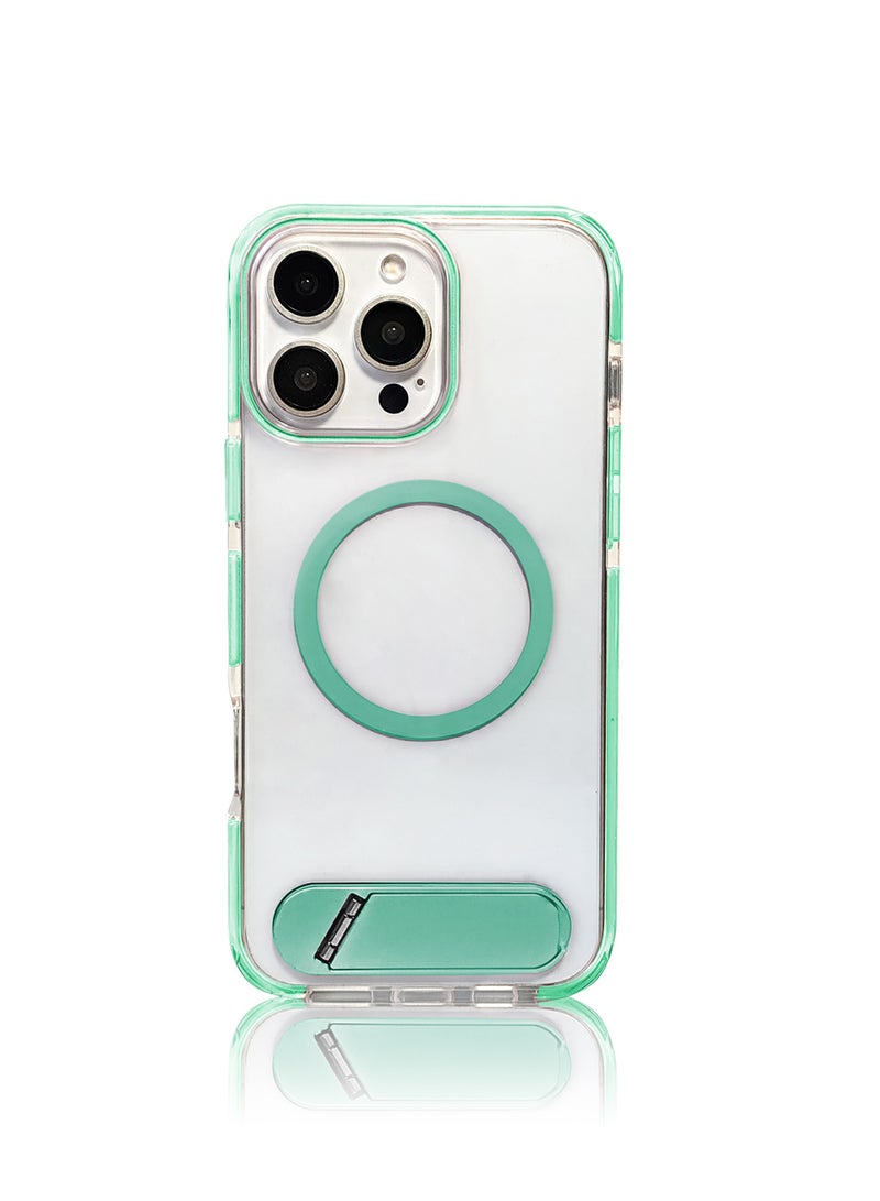 Luxury TPU PC Crystal clear Magnetic Phone case With Holder Stand for iPhone 16 Pro Max case With Metal Stand - Green - Image 1