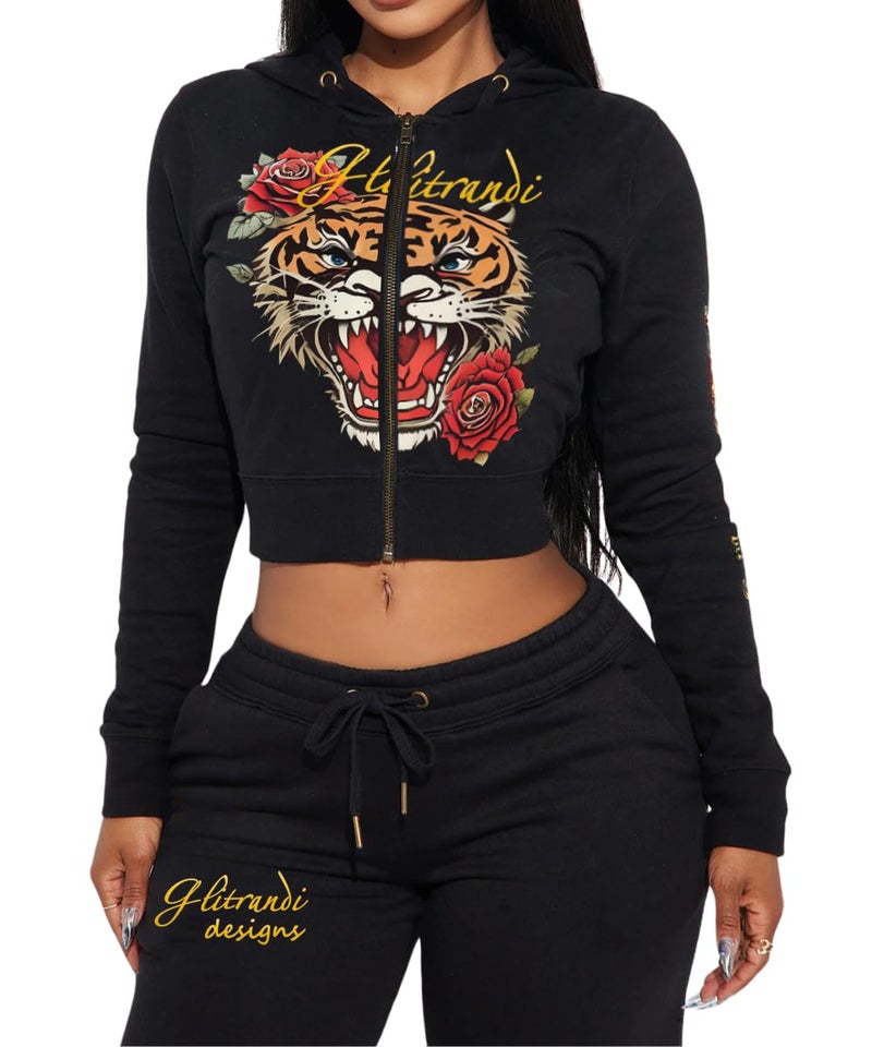 Glitrandi Womens 2 Piece Outfits Fashion Print Cropped Hoodies Jacket Sweatpants With Pockets Tracksuit For Women - Image 2