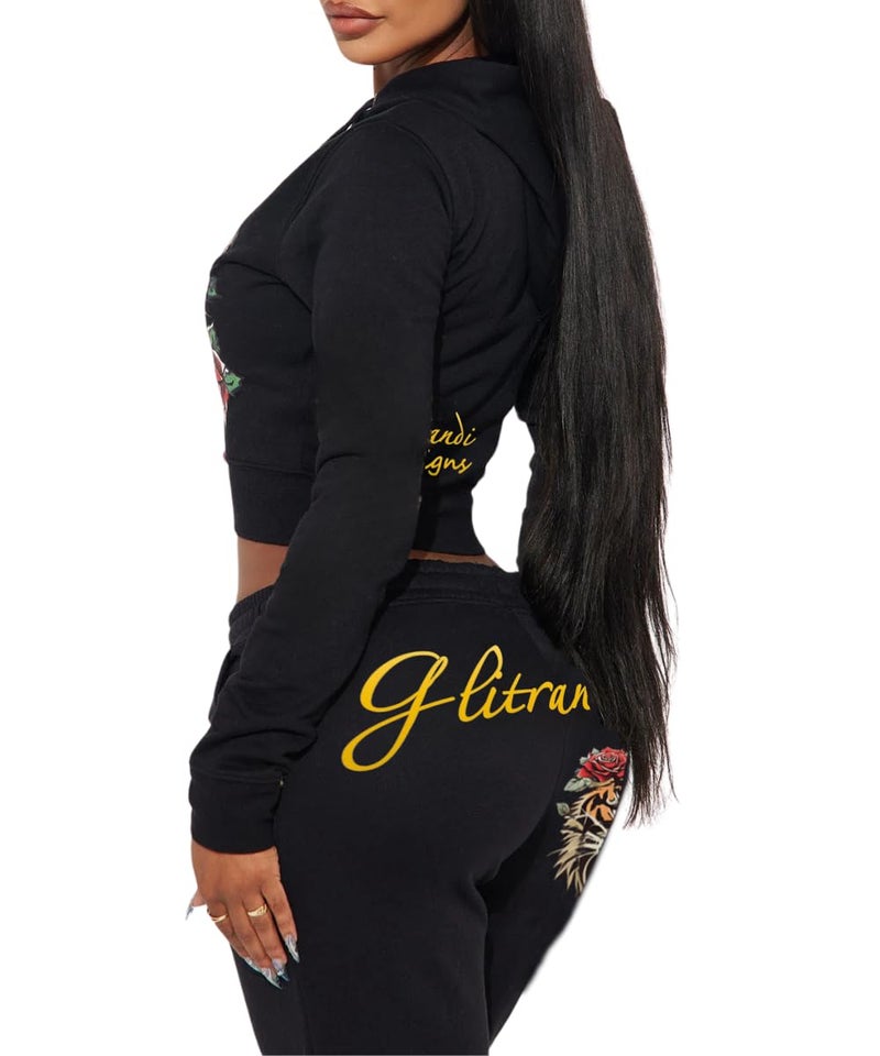 Glitrandi Womens 2 Piece Outfits Fashion Print Cropped Hoodies Jacket Sweatpants With Pockets Tracksuit For Women - Image 3