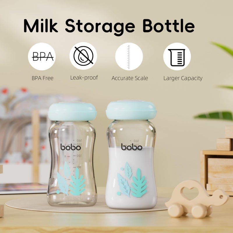 Bobo YOHKOH Glass Breast Milk Storage Bottles - 100% Leak-Proof, BPA-Free Breastmilk Storage Containers, Freezer & Dishwasher Safe, Ideal for Nursing Mothers (Blue, 5.4oz (Pack of 6)) - Image 2