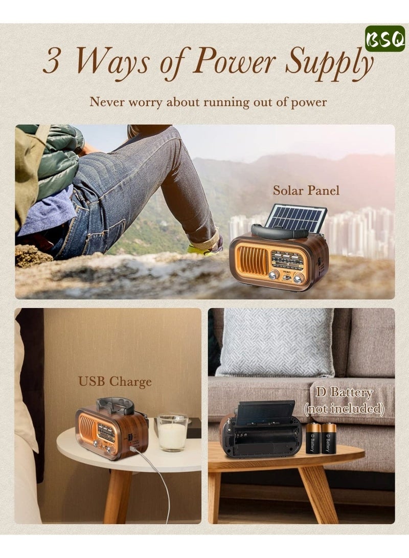 BSQ Portable Retro Solar Radio, FM/AM/SW Transistor Radio with Bluetooth Speaker, Rechargeable Battery-Powered Radio with Solar Charging, TF Card/USB MP3 Player, Excellent Reception for Home Outdoor - Image 5