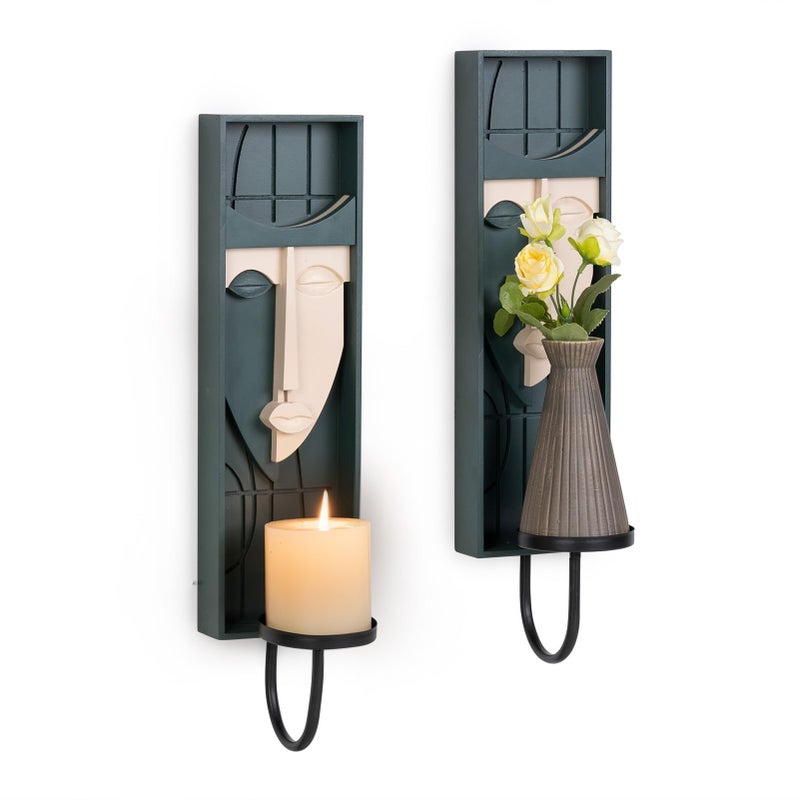 WOPARTY Wood Modern Art Wall Candle Holder, Abstract Face Candle Sconce Set of 2, Wall Decor, 17.7 x 4.33 x 5.1 inches,Blackish Green and Pink - Image 1