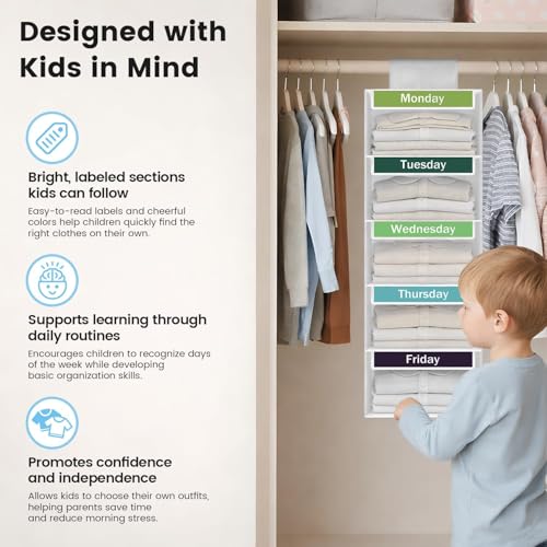 Kukikan Weekly Clothes Organizer for Kids, 5-Shelf Kid Hanging Closet Organizer w/ 6 Side Pockets, Labeled Weekly Outfit Organizer for Kids, Days of The Week Clothes Organizer Monday Through Friday White - Image 3