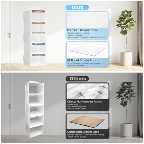 Kukikan Weekly Clothes Organizer for Kids, 5-Shelf Kid Hanging Closet Organizer w/ 6 Side Pockets, Labeled Weekly Outfit Organizer for Kids, Days of The Week Clothes Organizer Monday Through Friday White - Image 5
