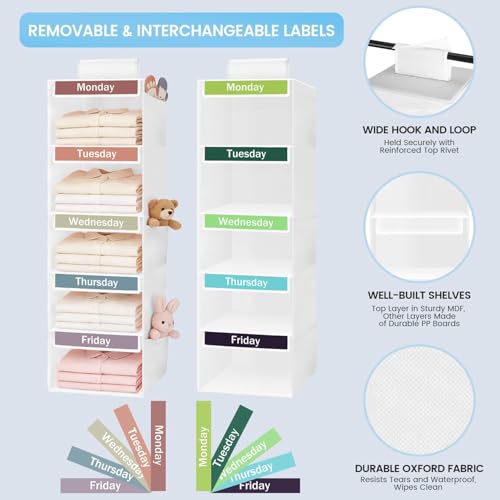 Kukikan Weekly Clothes Organizer for Kids, 5-Shelf Kid Hanging Closet Organizer w/ 6 Side Pockets, Labeled Weekly Outfit Organizer for Kids, Days of The Week Clothes Organizer Monday Through Friday White - Image 4