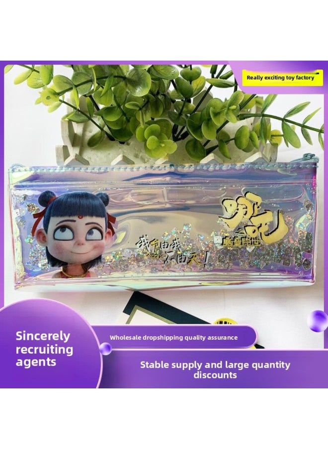 null - Nezha's Devil Child Comes To The World Pencil Case For Primary School Students Boys And Girls Net Celebrated Quicksand Stationery Case Ao Bing Third Prince Waterproof-Color:Two Small Ones - Image 1
