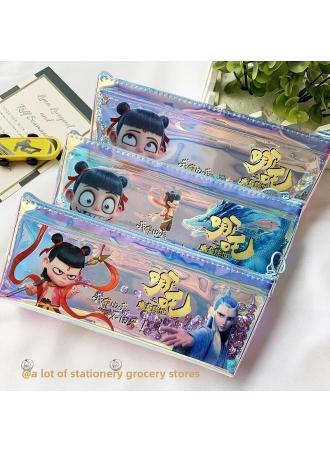 null - Nezha's Devil Child Comes To The World Pencil Case For Primary School Students Boys And Girls Net Celebrated Quicksand Stationery Case Ao Bing Third Prince Waterproof-Color:Two Small Ones - Image 1