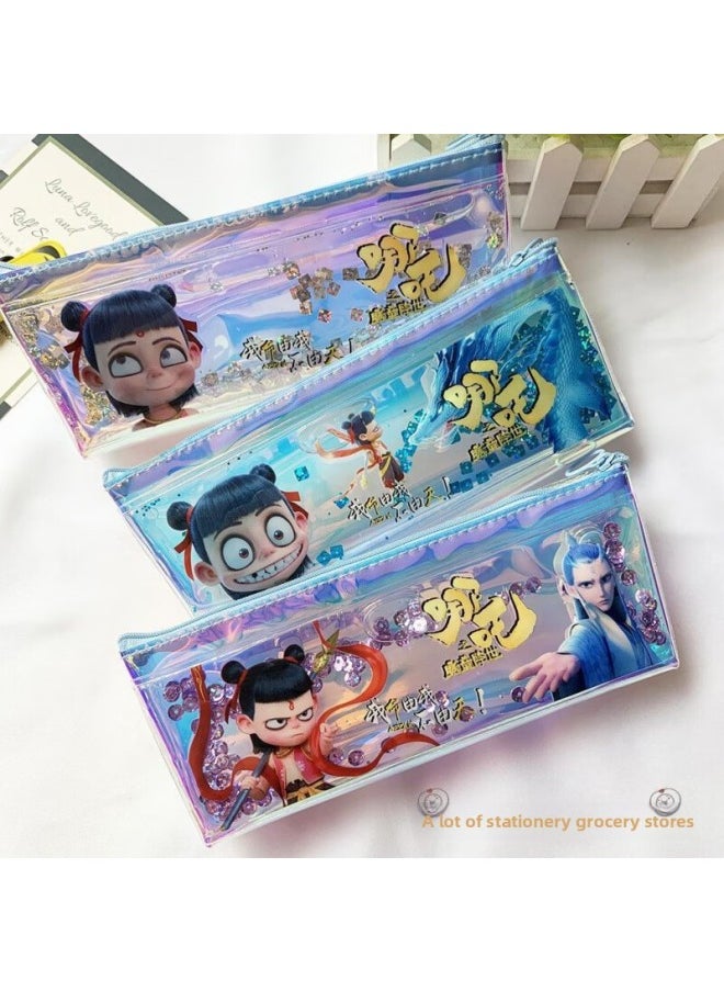 null - Nezha's Devil Child Comes To The World Pencil Case For Primary School Students Boys And Girls Net Celebrated Quicksand Stationery Case Ao Bing Third Prince Waterproof-Color:Two Small Ones - Image 1