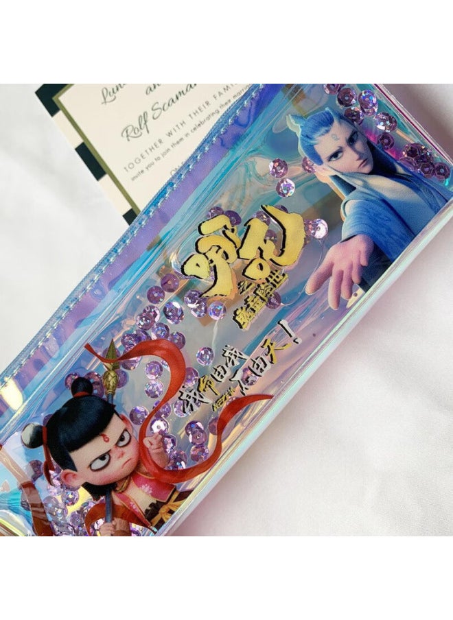 null - Nezha's Devil Child Comes To The World Pencil Case For Primary School Students Boys And Girls Net Celebrated Quicksand Stationery Case Ao Bing Third Prince Waterproof-Color:Two Small Ones - Image 1