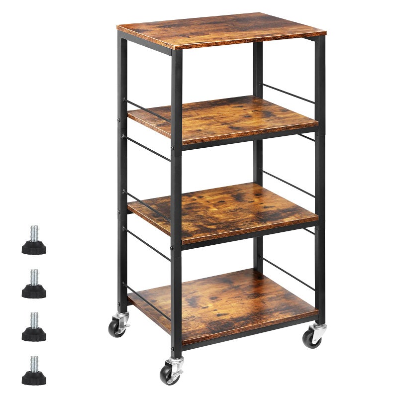 CADUKE Rolling Kitchen Cart Industrial Serving Cart 4 Tier Wood Utility Island on Wheels Rolling Bar Cart with Storage Farmhouse Microwave Table Serving Trolley Stand for Bathroom Living Room Brown