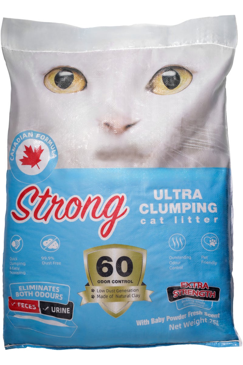 Strong 25L Baby Powder Scent Ultra Clumping Cat Litter Canadian Formula Extra Strength Odor Control Natural Bentonite 99.9% Dust-Free Multi-Cat. - Image 1