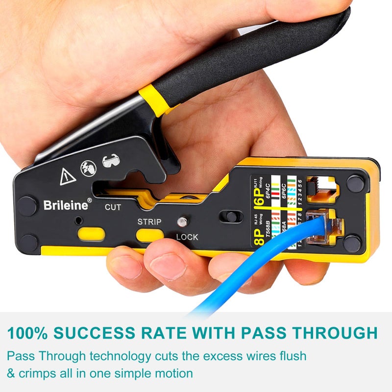 Brileine RJ45 Crimp Tool Pass Through Kit Ethernet Crimper Cat5 Cat5e Cat6 Crimping Tool for RJ11/RJ12 6P/8P with Network Lan Cable Tester, 50PCS Cat6 Connectors, 50PCS Boots, Mini Cable Stripper - Image 5