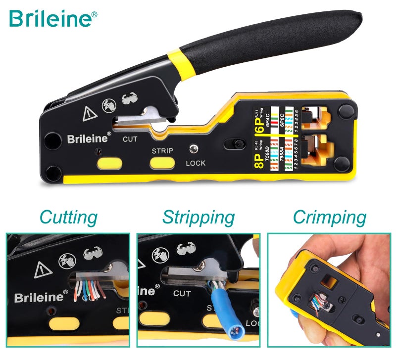 Brileine RJ45 Crimp Tool Pass Through Kit Ethernet Crimper Cat5 Cat5e Cat6 Crimping Tool for RJ11/RJ12 6P/8P with Network Lan Cable Tester, 50PCS Cat6 Connectors, 50PCS Boots, Mini Cable Stripper - Image 2
