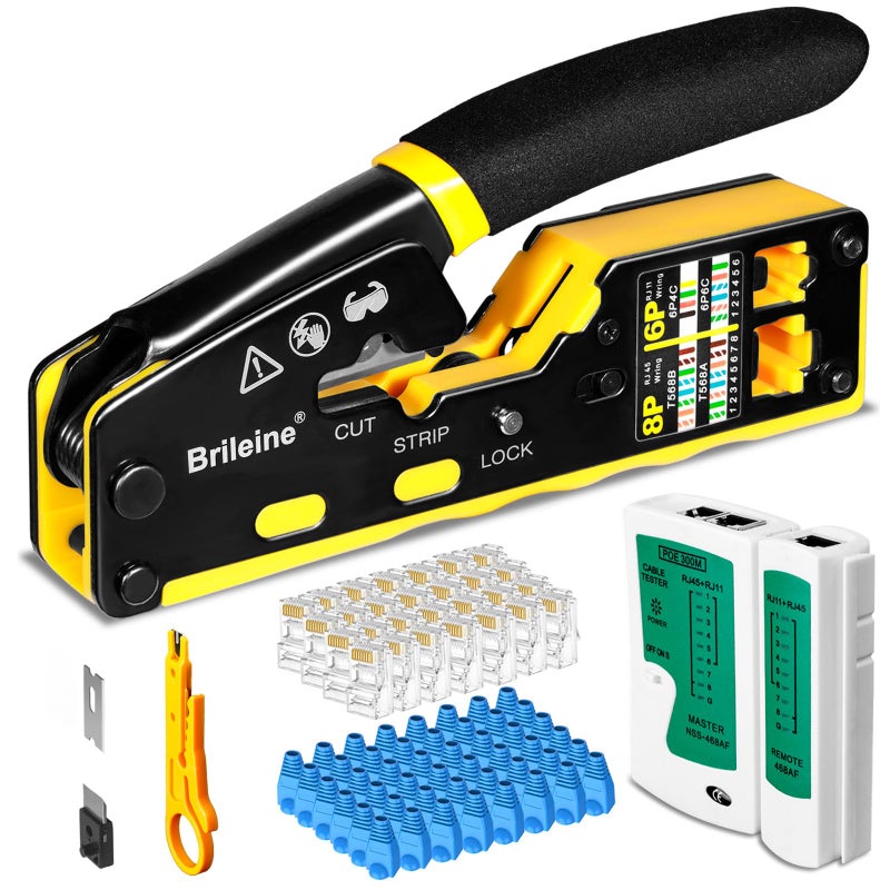 Brileine RJ45 Crimp Tool Pass Through Kit Ethernet Crimper Cat5 Cat5e Cat6 Crimping Tool for RJ11/RJ12 6P/8P with Network Lan Cable Tester, 50PCS Cat6 Connectors, 50PCS Boots, Mini Cable Stripper - Image 1