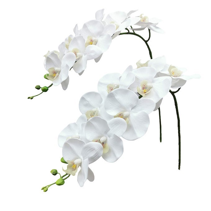 ORCHID STEMS ARTIFICIAL FLOWERS REAL TOUCH LATEX FAUX PHALAENOPSIS BRANCHES 9 LARGE BLOOMS 38 INCHES 2PCS WHITE