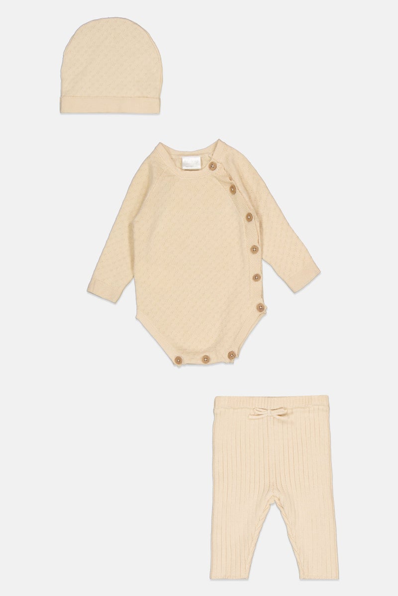Rock-A-Bye Baby Boutique Toddlers Boy 3 Pieces Knitted Bodysuit And Pants With Cap Set, Cream - Image 1