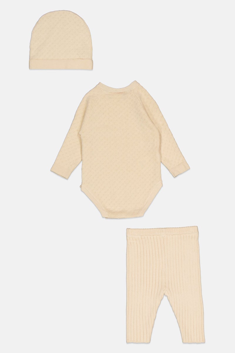 Rock-A-Bye Baby Boutique Toddlers Boy 3 Pieces Knitted Bodysuit And Pants With Cap Set, Cream - Image 2