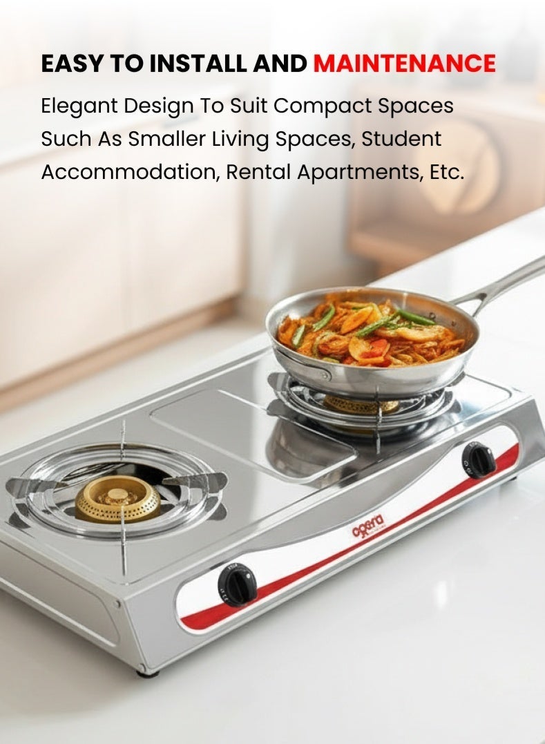 Ogera Stainless Steel Double Gas Burner Stove – 2 High-Efficiency Burners, Low Gas Consumption, Easy to Clean, Rust-Resistant Body, Compact & Portable Design – Silver, OG3011GC, 2-Year Warranty - Image 3