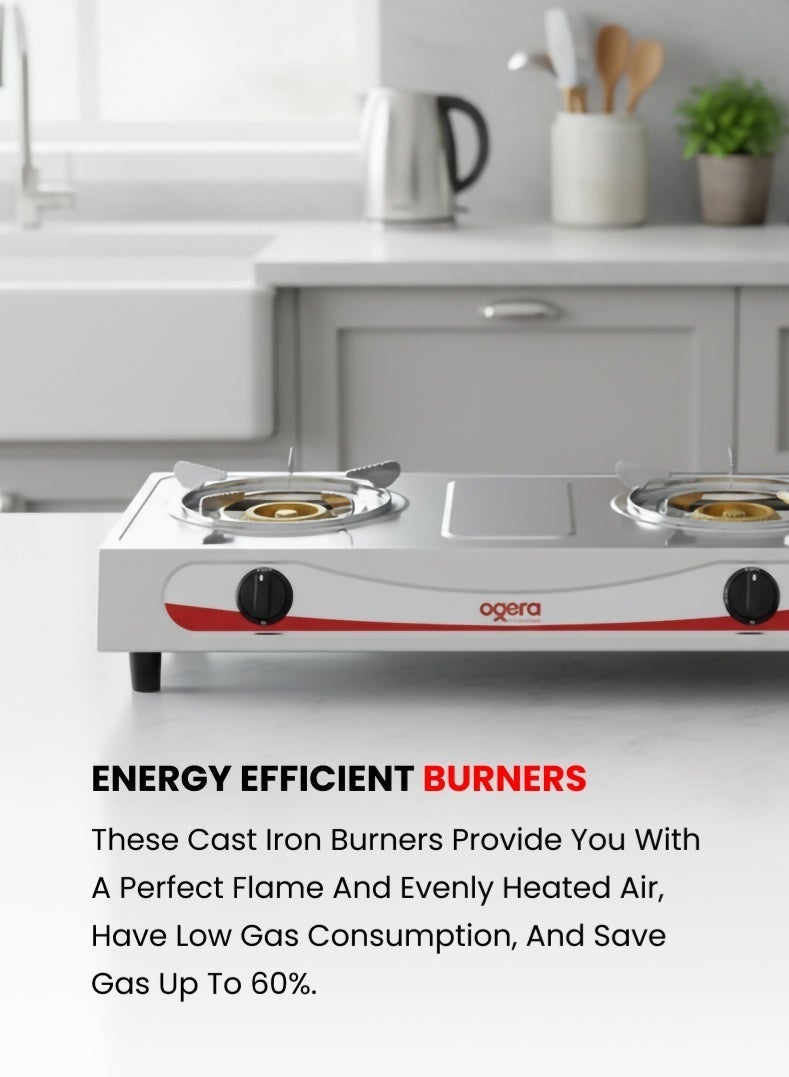 Ogera Stainless Steel Double Gas Burner Stove – 2 High-Efficiency Burners, Low Gas Consumption, Easy to Clean, Rust-Resistant Body, Compact & Portable Design – Silver, OG3011GC, 2-Year Warranty - Image 4